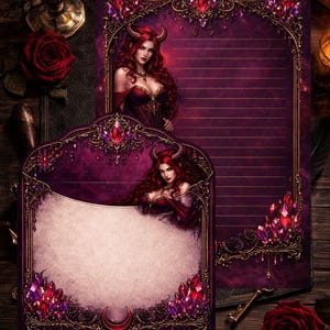 May include: A stationery set featuring a dark purple envelope and lined paper, adorned with ornate gold frames, red crystals, and illustrations of a woman with red hair and horns. A candle, rose, and key are also visible.