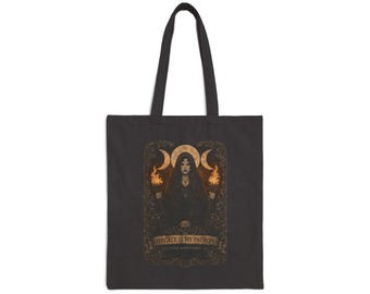 Occult Moon Priestess Tote Bag | Gothic Illustration, Skull & Flames, Dark Aesthetic