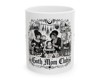 Goth Mom Club Mug | Ceramic Coffee Cup, Witchy Family Illustration