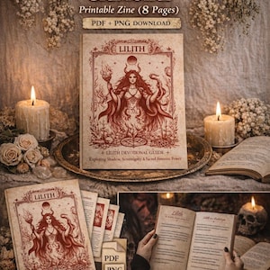 Puede incluir: Un zine imprimible del Grimorio Devocional de Lilith con 8 páginas, disponible como descarga PDF y PNG. La portada presenta una ilustración roja de Lilith. La imagen incluye velas, flores secas y libros abiertos, para la práctica espiritual.