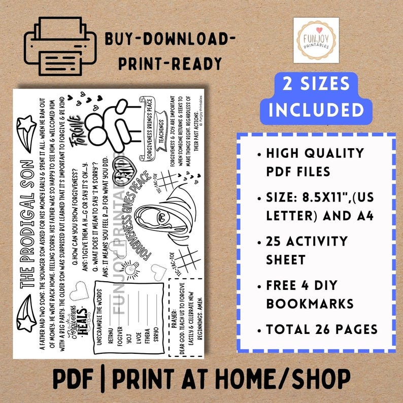Puede incluir: Hoja de actividades en PDF imprimible con el texto "The Prodigal Son" y actividades relacionadas. Incluye las frases "Forgive" y "Forgiveness Gives Peace". La hoja tambi&eacute;n incluye el texto "Buy-Download-Print-Ready" y "2 Sizes Included".