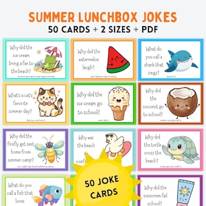 May include: A collection of 50 summer-themed lunchbox joke cards. Each card features a colorful illustration and a pun-based joke. The cards are designed with a playful font and are suitable for kids. The text on the cards includes questions and answers.