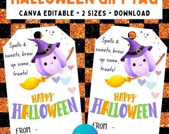 以下が含まれることがあります： ハロウィーンのギフトタグ。紫色のゴーストが魔女の帽子をかぶり、ほうきに乗っています。「Happy Halloween」と「Spells & sweets, brew up some treats!」の文字とCanva Editableのロゴが入っています。