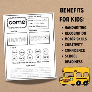 Puede incluir: Una hoja de trabajo blanca con la palabra "come" en un marco decorativo, con pr&aacute;ctica de escritura a mano, trazado y actividades de palabras a la vista. La hoja de trabajo incluye el texto "Beneficios para ni&ntilde;os" y una ilustraci&oacute;n de autob&uacute;s escolar amarillo.