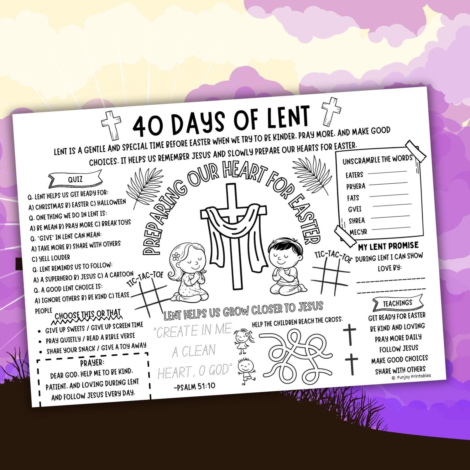 Lent Activity Placemat, 40 Days of Lent Coloring Page for Kids ...