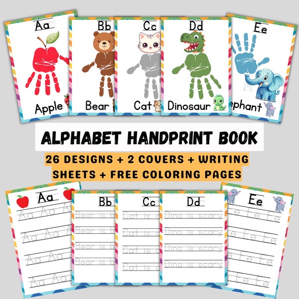 DIY Alphabet Handprint Book, Alphabet Handprint Craft, PreSchool, Kindergarten, Classroom Nursery Activity, Keepsake, Printable, ABC Writing