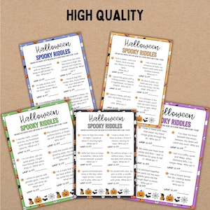 May include: A collection of six Halloween-themed riddle cards with spooky illustrations of pumpkins, bats, and spiders. Each card features a riddle with the prompt "What am I?" and is printed on a colorful background.