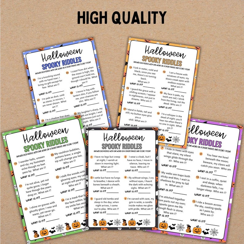 May include: A collection of six Halloween-themed riddle cards with spooky illustrations of pumpkins, bats, and spiders. Each card features a riddle with the prompt "What am I?" and is printed on a colorful background.
