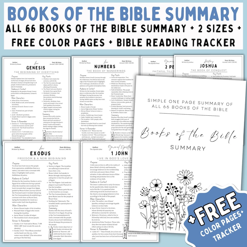 May include: A printable Bible study resource with summaries of all 66 books of the Bible. The resource includes free color pages and a Bible reading tracker. The image shows a black and white design with the text "Books of the Bible Summary" and "Free Color Pages + Tracker".