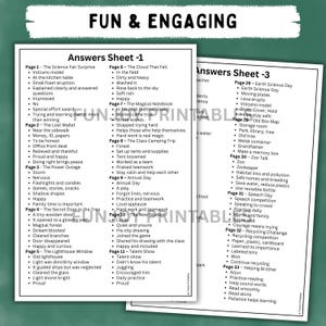 May include: Two white sheets of paper with lists of words and phrases, titled "Answers Sheet -1" and "Answers Sheet -3", with the words "FUN & ENGAGING" at the top. The sheets are for a school activity.