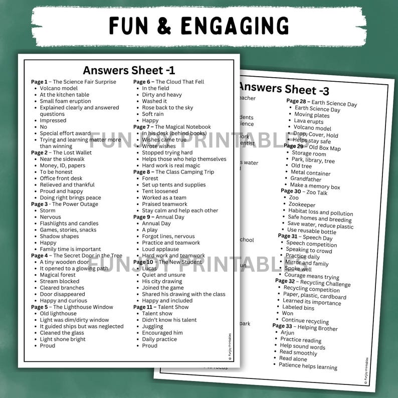 May include: Two white sheets of paper with lists of words and phrases, titled "Answers Sheet -1" and "Answers Sheet -3", with the words "FUN & ENGAGING" at the top. The sheets are for a school activity.