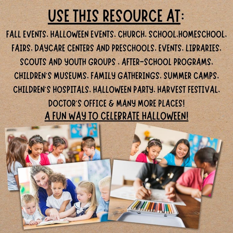 May include: A tan background with the text "USE THIS RESOURCE AT:" followed by a list of places like schools and libraries. Below are four photos of children and adults engaged in activities, including drawing and reading.
