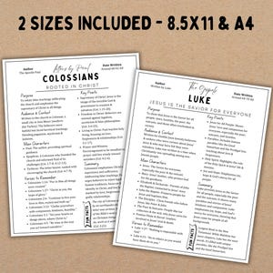 May include: Two printable Bible study guides, one for the book of Colossians and the other for the Gospel of Luke. Both guides feature a colorful design with text outlining the purpose, audience, key points, main characters, verses to remember, and fun facts about each book.