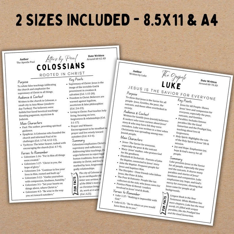 May include: Two printable Bible study guides, one for the book of Colossians and the other for the Gospel of Luke. Both guides feature a colorful design with text outlining the purpose, audience, key points, main characters, verses to remember, and fun facts about each book.