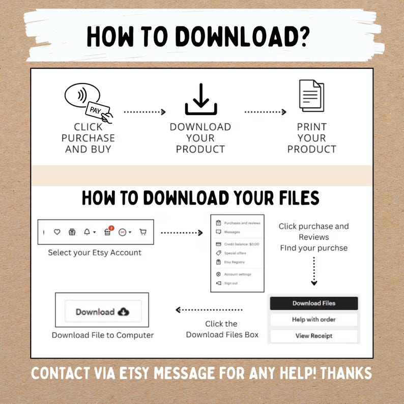 May include: A step-by-step guide on how to download files after purchase, with the text "HOW TO DOWNLOAD?" at the top. The guide includes instructions on clicking purchase, downloading the product, and printing it. It also shows how to download files from your Etsy account.