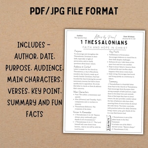 May include: A printable worksheet about the book of 1 Thessalonians in the Bible. The worksheet includes information about the author, date, purpose, audience, main characters, verses, key points, summary, and fun facts.