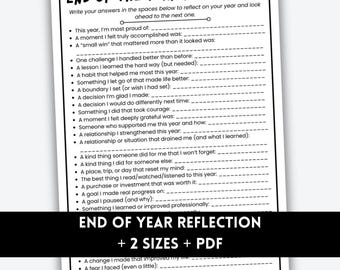 May include: A black and white printable worksheet titled "END OF THE YEAR REFLECTION." The worksheet includes prompts to reflect on the past year and plan for the next. The text includes questions about accomplishments, challenges, and goals.