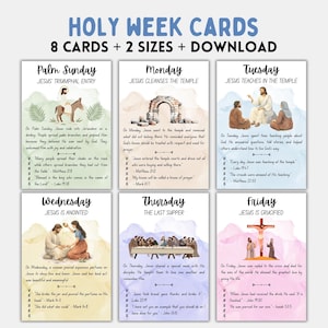 Puede incluir: Juego de ocho tarjetas de la Semana Santa con ilustraciones de acuarela y texto. Cada tarjeta presenta un evento diferente de la semana anterior a la crucifixión de Jesús, incluyendo el Domingo de Ramos y la Última Cena. Incluye dos tamaños y descarga.