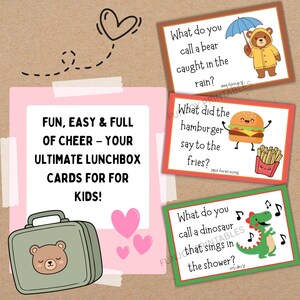 K&ouml;nnte beinhalten: Eine Sammlung farbenfroher Lunchbox-Karten f&uuml;r Kinder mit lustigen Illustrationen und Witzen. Die Karten zeigen einen B&auml;ren mit Regenschirm, einen Hamburger, Pommes Frites und einen singenden Dinosaurier. Der Text auf den Karten lautet "Wie nennt man einen B&auml;ren im Regen?" und mehr.