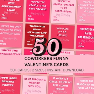 May include: A selection of pink and red Valentine's Day cards with amusing messages for colleagues. The cards display phrases such as "You're the only spreadsheet I like" and "You make my 9-5 less ick." The image includes the text "COWORKERS FUNNY VALENTINE'S CARDS".