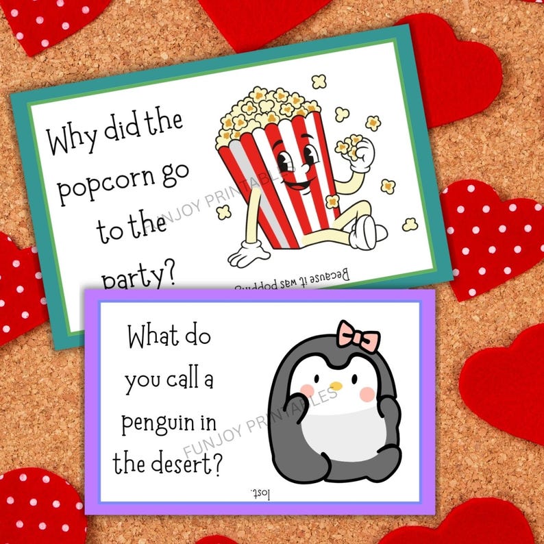K&ouml;nnte beinhalten: Zwei farbenfrohe Witzkarten mit Popcorn- und Pinguin-Motiven. Die Popcorn-Karte enth&auml;lt den Text "Warum ging das Popcorn zur Party?" und die Pinguin-Karte sagt "Wie nennt man einen Pinguin in der W&uuml;ste?"