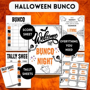 May include: A Halloween Bunco game set featuring printed score sheets, tally sheets, name tags, and award cards. The white paper documents include black and orange graphics of skeletons, ghosts, bats, spiderwebs, and dice, with text reading Welcome To Bunco Night.