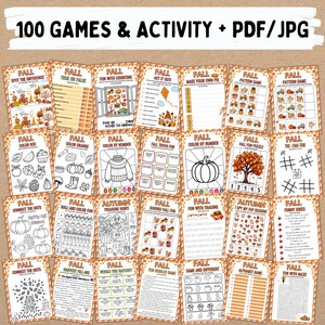 May include: A set of 25 printable autumn-themed activity sheets. Each sheet presents a different game or puzzle, such as spot the difference, mazes, and colouring pages. The title "100 GAMES & ACTIVITY + PDF/JPG" is at the top.