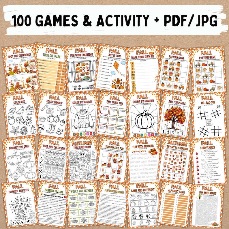 May include: A set of 25 printable autumn-themed activity sheets. Each sheet presents a different game or puzzle, such as spot the difference, mazes, and colouring pages. The title "100 GAMES & ACTIVITY + PDF/JPG" is at the top.