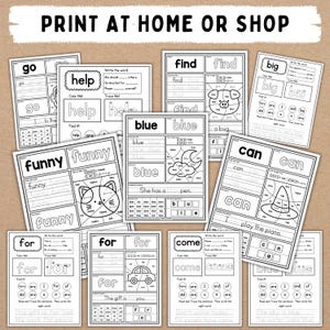 Puede incluir: Una colecci&oacute;n de hojas de trabajo educativas imprimibles para ni&ntilde;os, con palabras como "go", "help", "find", "big", "funny", "blue", "for" y "come". Cada hoja de trabajo incluye actividades de trazo, coloreado y completar oraciones. El texto "PRINT AT HOME OR SHOP" est&aacute; en la parte superior.