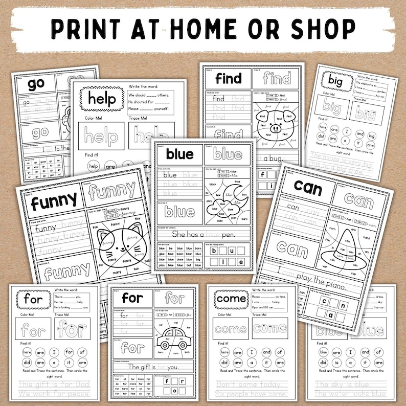Puede incluir: Una colecci&oacute;n de hojas de trabajo educativas imprimibles para ni&ntilde;os, con palabras como "go", "help", "find", "big", "funny", "blue", "for" y "come". Cada hoja de trabajo incluye actividades de trazo, coloreado y completar oraciones. El texto "PRINT AT HOME OR SHOP" est&aacute; en la parte superior.