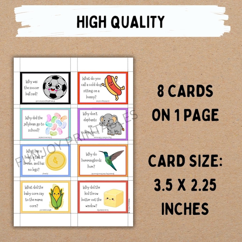 K&ouml;nnte beinhalten: Ein Bogen mit acht farbenfrohen Witzkarten mit Illustrationen und Text. Die Kartengr&ouml;&szlig;e betr&auml;gt 3,5 x 2,25 Zoll (8,89 x 5,715 cm). Die Karten zeigen verschiedene Witze, darunter einen Fu&szlig;ball, einen Hotdog, eine Gelee-Bohne, einen Elefanten, eine M&uuml;nze, einen Kolibri, einen Mais und einen Butterw&uuml;rfel.