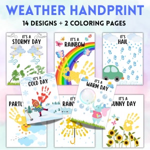 Lot d'artisanat d'empreintes de main météo à imprimer, Jardin d'enfants, Créations artistiques d'empreintes de main, Carte d'artisanat d'art à faire soi-même, Enfants en bas âge, Souvenir souvenir, Apprentissage de la météo