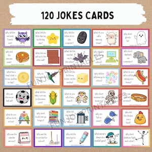 K&ouml;nnte beinhalten: Ein Set von 120 Witzkarten mit farbenfrohen Illustrationen und humorvollen Fragen. Die Karten zeigen verschiedene Zeichentrickfiguren und Objekte, perfekt f&uuml;r Kinder und Erwachsene. Der Text "120 JOKES CARDS" steht oben.