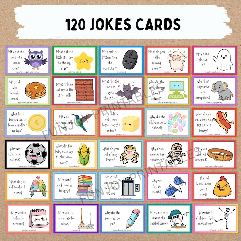 K&ouml;nnte beinhalten: Ein Set von 120 Witzkarten mit farbenfrohen Illustrationen und humorvollen Fragen. Die Karten zeigen verschiedene Zeichentrickfiguren und Objekte, perfekt f&uuml;r Kinder und Erwachsene. Der Text "120 JOKES CARDS" steht oben.