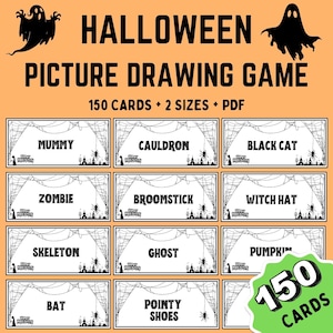May include: A Halloween picture drawing game set featuring 150 cards in two sizes as a PDF. The orange header displays black ghost illustrations and text. Each white card features a black spiderweb border, a spider, and a Halloween word.