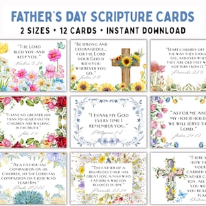May include: Father's Day Scripture Cards with floral and cross designs. The cards feature Bible verses and are available in two sizes. The text includes phrases like "The Lord bless you" and "Be strong and courageous."