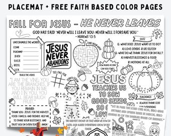 Fallen für Jesus, den er nie verlässt, Herbstbibelaktivitätsseite für Kinder, christliches Aktivitäts-Tischset, Herbst-Tischset, Sonntagsschulaktivität für Kinder