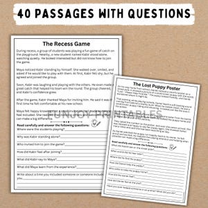 May include: Two-page educational worksheet with the title "40 PASSAGES WITH QUESTIONS" at the top. The left page features a story about a boy named Kabir. The right page has a story about a lost puppy poster.