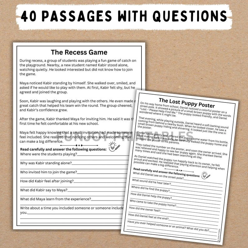 May include: Two-page educational worksheet with the title "40 PASSAGES WITH QUESTIONS" at the top. The left page features a story about a boy named Kabir. The right page has a story about a lost puppy poster.