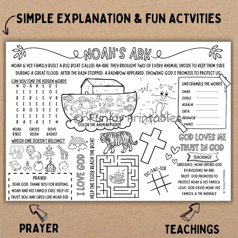PRINTABLE Bible Stories Kids, Bible Coloring Page Kids, Bible Activity for Church, Sunday School Activity Mat Sheet, Bible Activity Placemat image 2