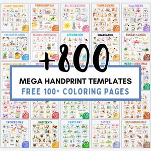 Puede incluir: Una colección de plantillas de huellas de manos para diversas ocasiones, incluyendo festividades como Halloween, Acción de Gracias y Navidad. La imagen presenta el texto "MEGA HANDPRINT TEMPLATES" y "FREE 100+ COLORING PAGES".