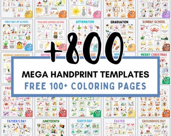 May include: A collection of handprint templates for various occasions, including holidays like Halloween, Thanksgiving, and Christmas. The image features the text "MEGA HANDPRINT TEMPLATES" and "FREE 100+ COLORING PAGES".