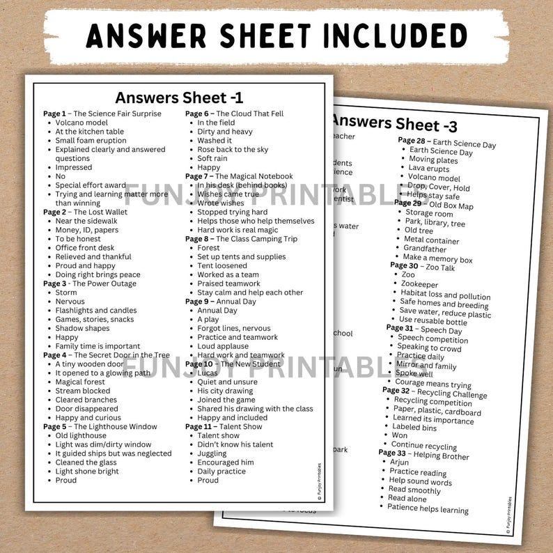 May include: Two white sheets of paper with the text "Answer Sheet Included" and lists of questions and answers. The sheets are titled "Answers Sheet -1" and "Answers Sheet -3".