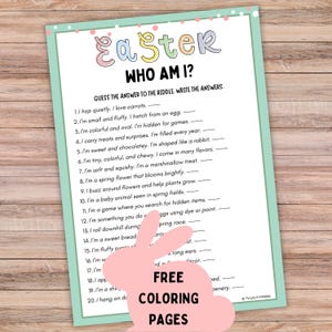 May include: A printable Easter game sheet titled "Easter WHO AM I?" in pastel colours. The sheet includes riddles to solve, a light green border, and a pink bunny graphic with the words "FREE COLORING PAGES".