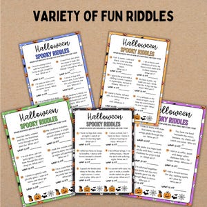 May include: A collection of Halloween-themed riddle cards with spooky illustrations and text. The cards feature various riddles with the prompt "What am I?" and are decorated with pumpkins, bats, and spiderwebs.
