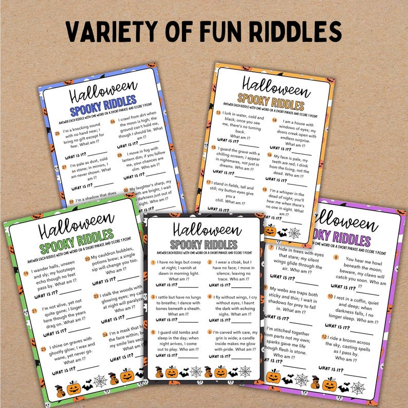 May include: A collection of Halloween-themed riddle cards with spooky illustrations and text. The cards feature various riddles with the prompt "What am I?" and are decorated with pumpkins, bats, and spiderwebs.