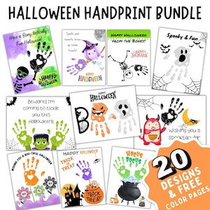 May include: A set of 20 printable Halloween handprint cards with various designs featuring ghosts, pumpkins, bats, skeletons, and other Halloween themes. The cards include the text "Happy Halloween", "Spooky & Fun", "Trick or Treat", and "Hocus Pocus". The set also includes 20 free coloring pages.