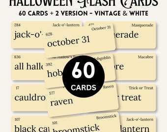 60 Halloween Flash Cards Printable, Vintage Halloween Flashcards, Halloween Word Cards, Classroom Party Game, Spooky Digital Download