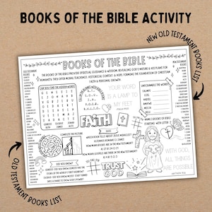 May include: A black and white printable worksheet with a Bible theme. The worksheet includes a word search, a maze, a picture to complete, a quiz, and a tic-tac-toe game. The worksheet also includes a list of books from the Old and New Testaments. The text on the worksheet includes the words "Books of the Bible", "Faith", "Your Word is a Lamp to My Feet", "Trust God", and "With God, All Things Are Possible".