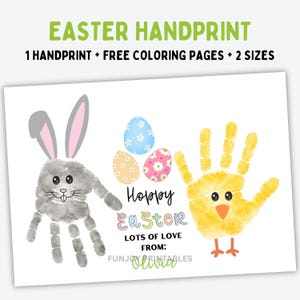 May include: A white print featuring Easter-themed handprints. A gray bunny handprint is on the left, and a yellow chick handprint is on the right. Three decorated Easter eggs are in the center. The text reads "Easter Handprint" and "Happy Easter."